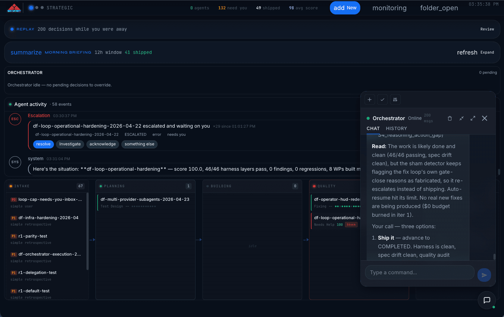 Dark Factory monitoring dashboard with agent activity, replay, and lifecycle queue columns