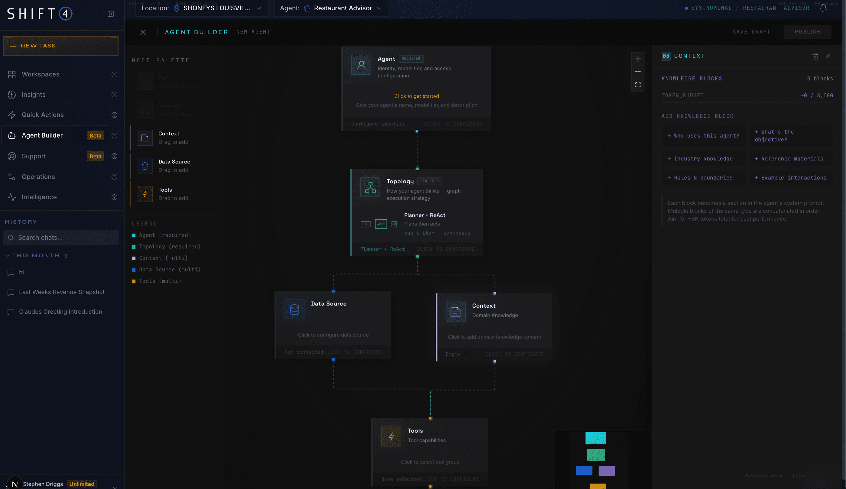 Enterprise Agent Builder canvas with agent, topology, data source, context, and tools nodes connected visually