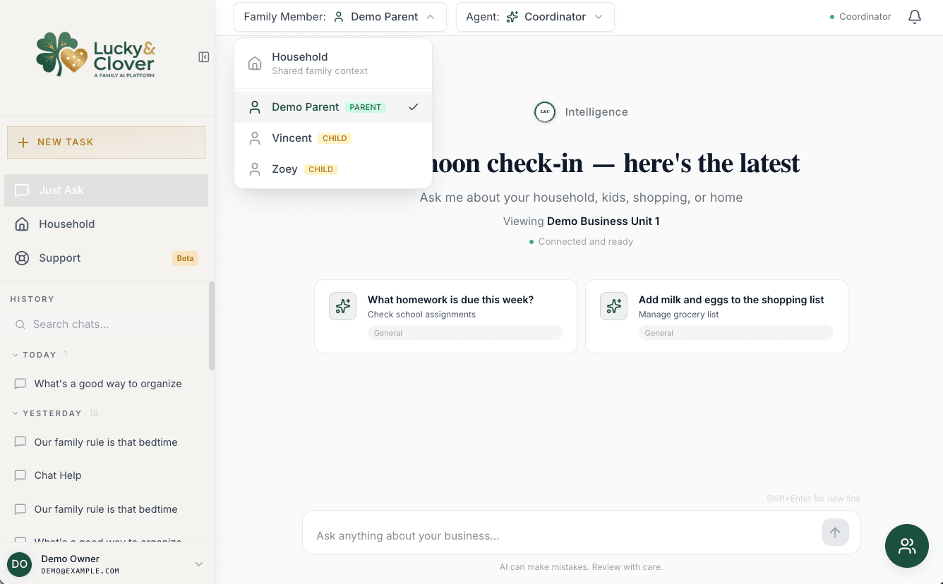 Lucky and Clover household interface showing shared family context, family members, and household task suggestions