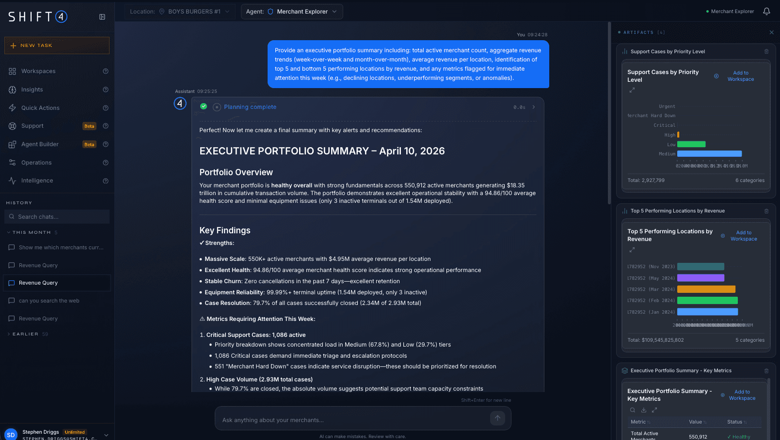 Merchant Explorer executive portfolio summary with generated insights and artifact charts