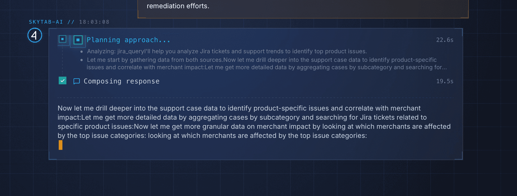 Merchant Explorer planning trace showing multi-agent analysis, Jira query planning, support trend correlation, and response composition
