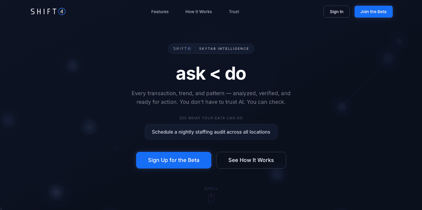 SkyTab Intelligence product landing page with ask do positioning and beta call to action
