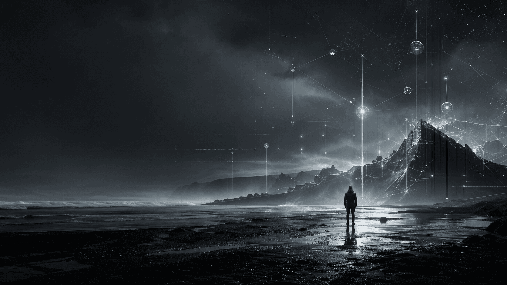 Cinematic monochrome expedition landscape with technical AI interface overlays